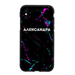 Чехол iPhone XS Max матовый Александра и неоновый герб России: символ сверху, цвет: 3D-черный