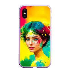 Чехол iPhone XS Max матовый Девушка с зелёными глазами в брызгах краски, цвет: 3D-сиреневый