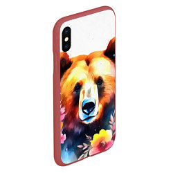 Чехол iPhone XS Max матовый Морда медведя гризли с цветами акварелью, цвет: 3D-красный — фото 2