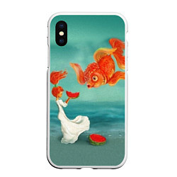 Чехол iPhone XS Max матовый Девочка с арбузом и золотая рыбка, цвет: 3D-белый