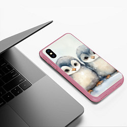Чехол iPhone XS Max матовый Милые пингвины акварель, цвет: 3D-малиновый — фото 2