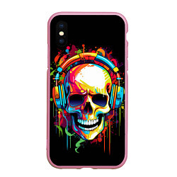 Чехол iPhone XS Max матовый Яркий череп в наушниках нарисованный красками, цвет: 3D-розовый