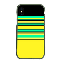 Чехол iPhone XS Max матовый Разноцветный черно желтый с зеленым полосатый узор, цвет: 3D-темно-зеленый