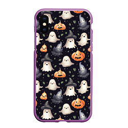 Чехол iPhone XS Max матовый Милые привидения и хэллуинские тыквы - паттерн, цвет: 3D-фиолетовый