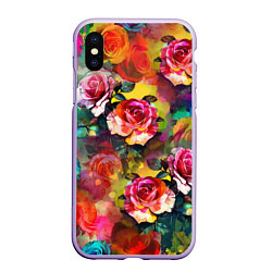 Чехол iPhone XS Max матовый Паттерн с розами - яркие цвета, цвет: 3D-светло-сиреневый