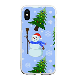 Чехол iPhone XS Max матовый Снеговики с новогодними елками паттерн, цвет: 3D-белый
