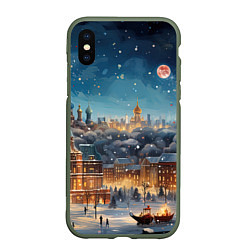 Чехол iPhone XS Max матовый Ночной новогодний город, цвет: 3D-темно-зеленый