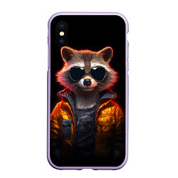 Чехол iPhone XS Max матовый Енот - cyberpunk, цвет: 3D-светло-сиреневый