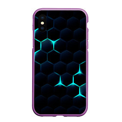 Чехол iPhone XS Max матовый Бирюзовый сквозь чёрные соты, цвет: 3D-фиолетовый