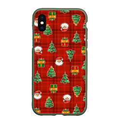 Чехол iPhone XS Max матовый Елочки и Санта - паттерн красная клетка, цвет: 3D-темно-зеленый
