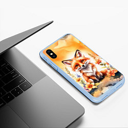 Чехол iPhone XS Max матовый Рыжая лиса с цветами акварелью, цвет: 3D-голубой — фото 2