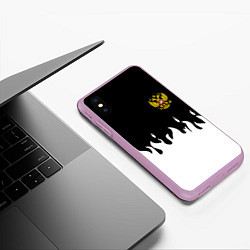 Чехол iPhone XS Max матовый Герб РФ огонь патриотический стиль, цвет: 3D-сиреневый — фото 2