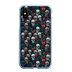 Чехол iPhone XS Max матовый Красные цветы и черепа, цвет: 3D-голубой