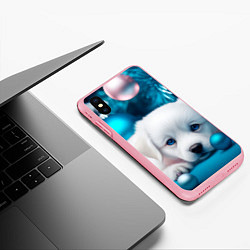 Чехол iPhone XS Max матовый Белый щенок с розовыми и голубыми шариками, цвет: 3D-баблгам — фото 2