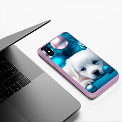 Чехол iPhone XS Max матовый Белый щенок с розовыми и голубыми шариками, цвет: 3D-сиреневый — фото 2