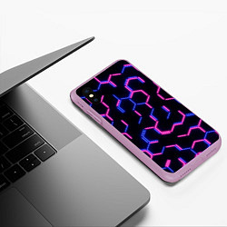 Чехол iPhone XS Max матовый Сине-розовые неоновые неполные гексагоны, цвет: 3D-сиреневый — фото 2