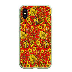 Чехол iPhone XS Max матовый Хохломская роспись золотистые цветы на красном фон, цвет: 3D-салатовый