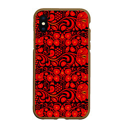 Чехол iPhone XS Max матовый Хохломская роспись красные цветы и ягоды на чёрном, цвет: 3D-коричневый