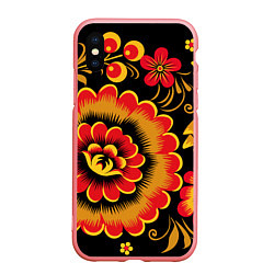 Чехол iPhone XS Max матовый Хохломская роспись красно-жёлтые цветы на чёрном ф, цвет: 3D-баблгам
