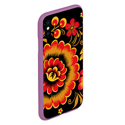 Чехол iPhone XS Max матовый Хохломская роспись красно-жёлтые цветы на чёрном ф, цвет: 3D-фиолетовый — фото 2