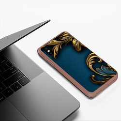 Чехол iPhone XS Max матовый Золотые узоры на синем фоне, цвет: 3D-коричневый — фото 2