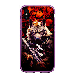 Чехол iPhone XS Max матовый Волк солдат в красном лесу, цвет: 3D-фиолетовый