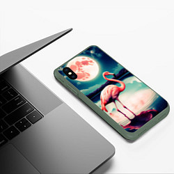 Чехол iPhone XS Max матовый Розовый фламинго на фоне луны, цвет: 3D-темно-зеленый — фото 2