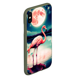 Чехол iPhone XS Max матовый Розовый фламинго на фоне луны, цвет: 3D-темно-зеленый — фото 2
