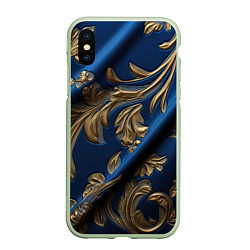 Чехол iPhone XS Max матовый Лепнина узоры золотистые на синем фоне, цвет: 3D-салатовый