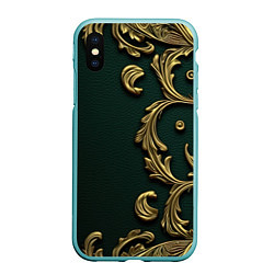 Чехол iPhone XS Max матовый Лепнина золотые узоры на зеленой ткани, цвет: 3D-мятный