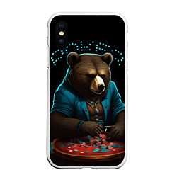 Чехол iPhone XS Max матовый Медведь играет в покер, цвет: 3D-белый