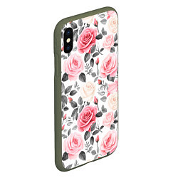 Чехол iPhone XS Max матовый Розовые розы и серые листочки - паттерн, цвет: 3D-темно-зеленый — фото 2