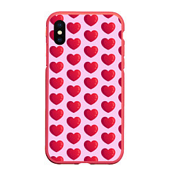 Чехол iPhone XS Max матовый Красные сердца на розовом фоне, цвет: 3D-красный
