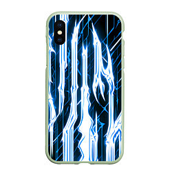 Чехол iPhone XS Max матовый Синие неоновые полосы на чёрном фоне, цвет: 3D-салатовый