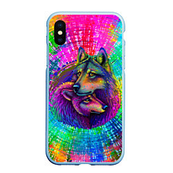 Чехол iPhone XS Max матовый Цветные волк с волчицей, цвет: 3D-голубой