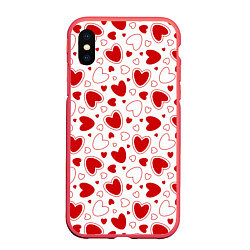 Чехол iPhone XS Max матовый Красные сердечки на белом фоне