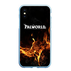 Чехол iPhone XS Max матовый Palworld логотип на черном фоне с огнем, цвет: 3D-голубой