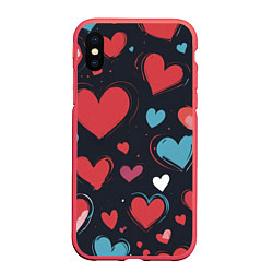Чехол iPhone XS Max матовый Сердечный паттерн, цвет: 3D-красный