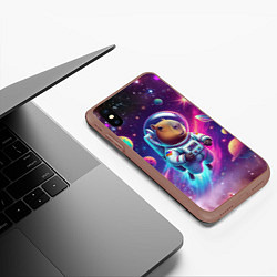 Чехол iPhone XS Max матовый Космонавт капибара в неоновом космосе, цвет: 3D-коричневый — фото 2