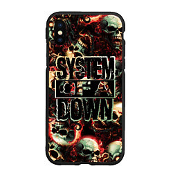 Чехол iPhone XS Max матовый System of a Down на фоне черепов, цвет: 3D-черный