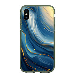 Чехол iPhone XS Max матовый Золотая волнистая текстура на синей ткани, цвет: 3D-темно-зеленый