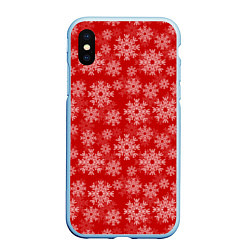 Чехол iPhone XS Max матовый Снежинки на красном фоне, цвет: 3D-голубой
