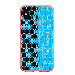 Чехол iPhone XS Max матовый Техно-киберпанк шестиугольники голубой и чёрный, цвет: 3D-баблгам