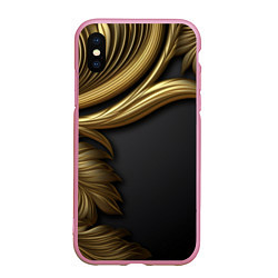 Чехол iPhone XS Max матовый Золотые объемные листья на черном, цвет: 3D-розовый