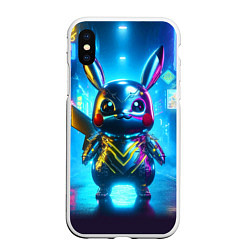 Чехол iPhone XS Max матовый Neon cyber Pikachu made of metal steel - ai art, цвет: 3D-белый