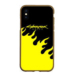 Чехол iPhone XS Max матовый Cyberpunk 2077 желтый fire, цвет: 3D-коричневый