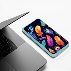 Чехол iPhone XS Max матовый Разноцветные переливающиеся перья, цвет: 3D-мятный — фото 2