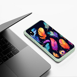 Чехол iPhone XS Max матовый Разноцветные переливающиеся перья, цвет: 3D-салатовый — фото 2