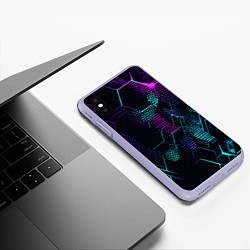 Чехол iPhone XS Max матовый Розово-голубые точки и линии на чёрном фоне, цвет: 3D-светло-сиреневый — фото 2