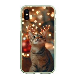 Чехол iPhone XS Max матовый Котик с новогодними рожками, цвет: 3D-салатовый